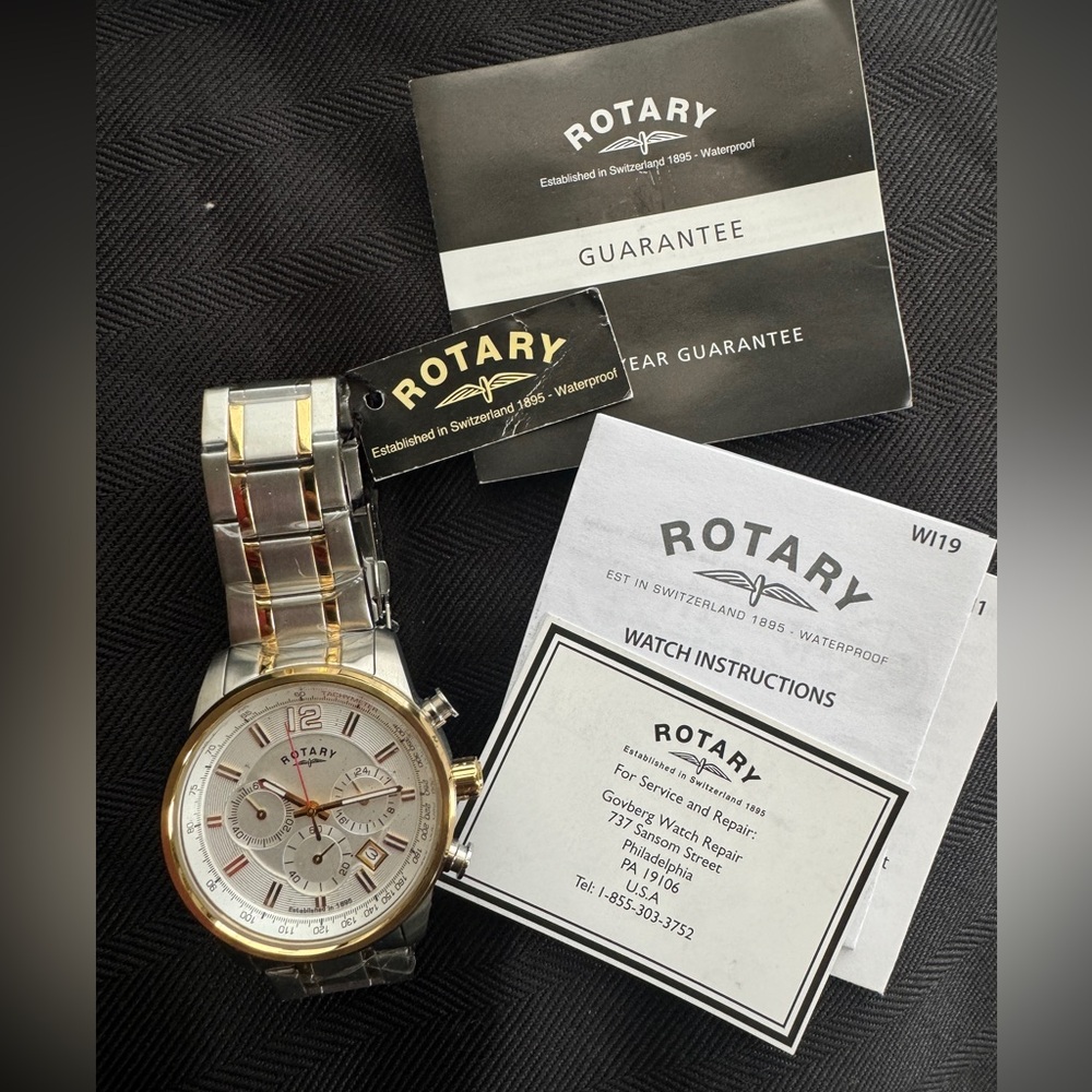 Rotary Chronograph Watch Gold & Silver Tone Stainless Steel Bracelet White Dial